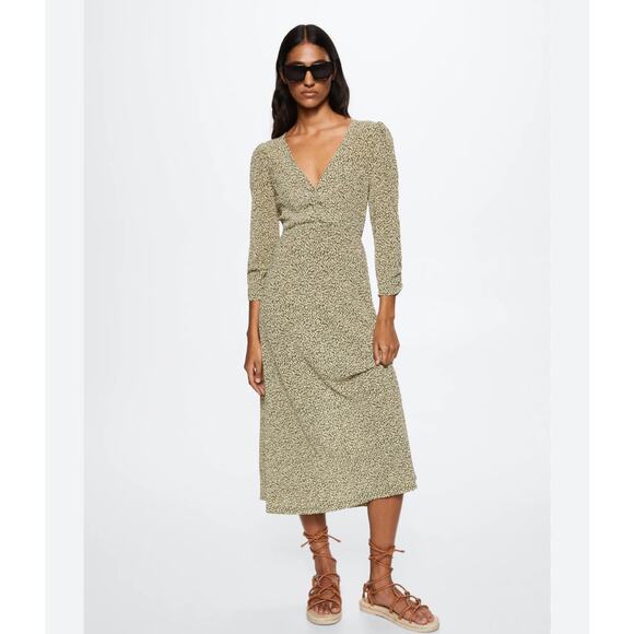 Mango Sage Olive Green Dot Crinkle Cottage Boho Midi Dress - Picture 1 of 10